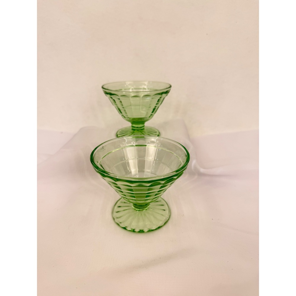 Anchor Hocking Sherbet Cups Block Optic Green Uranium Glass Set of 2 Vintage